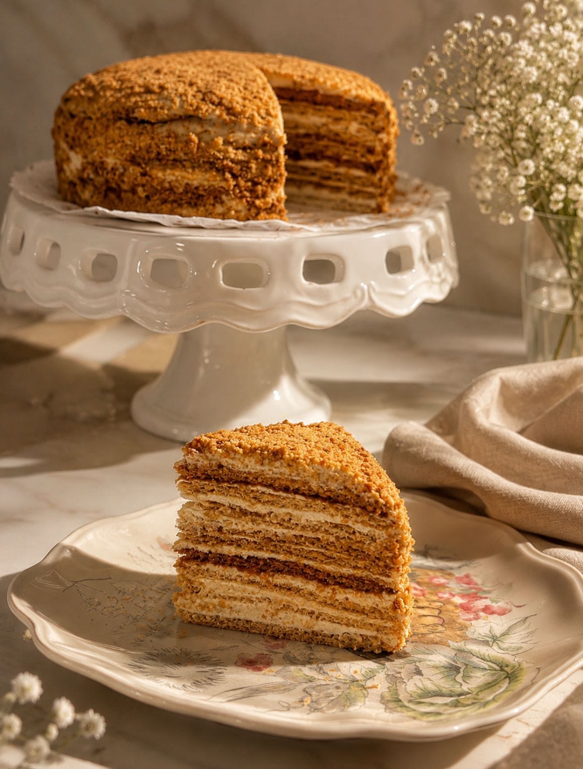 Whole Medovik honey cake in an open cream presentation box