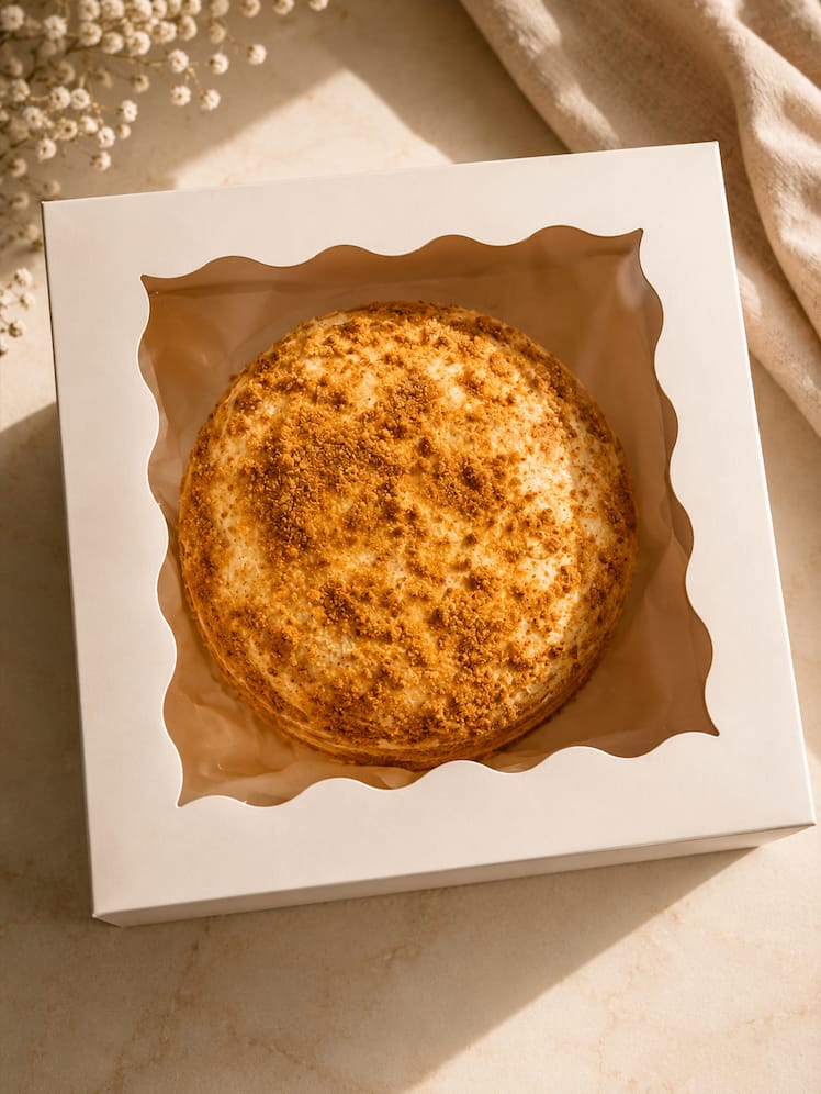 Medovik honey cake on a stand with a slice removed to show thin layers