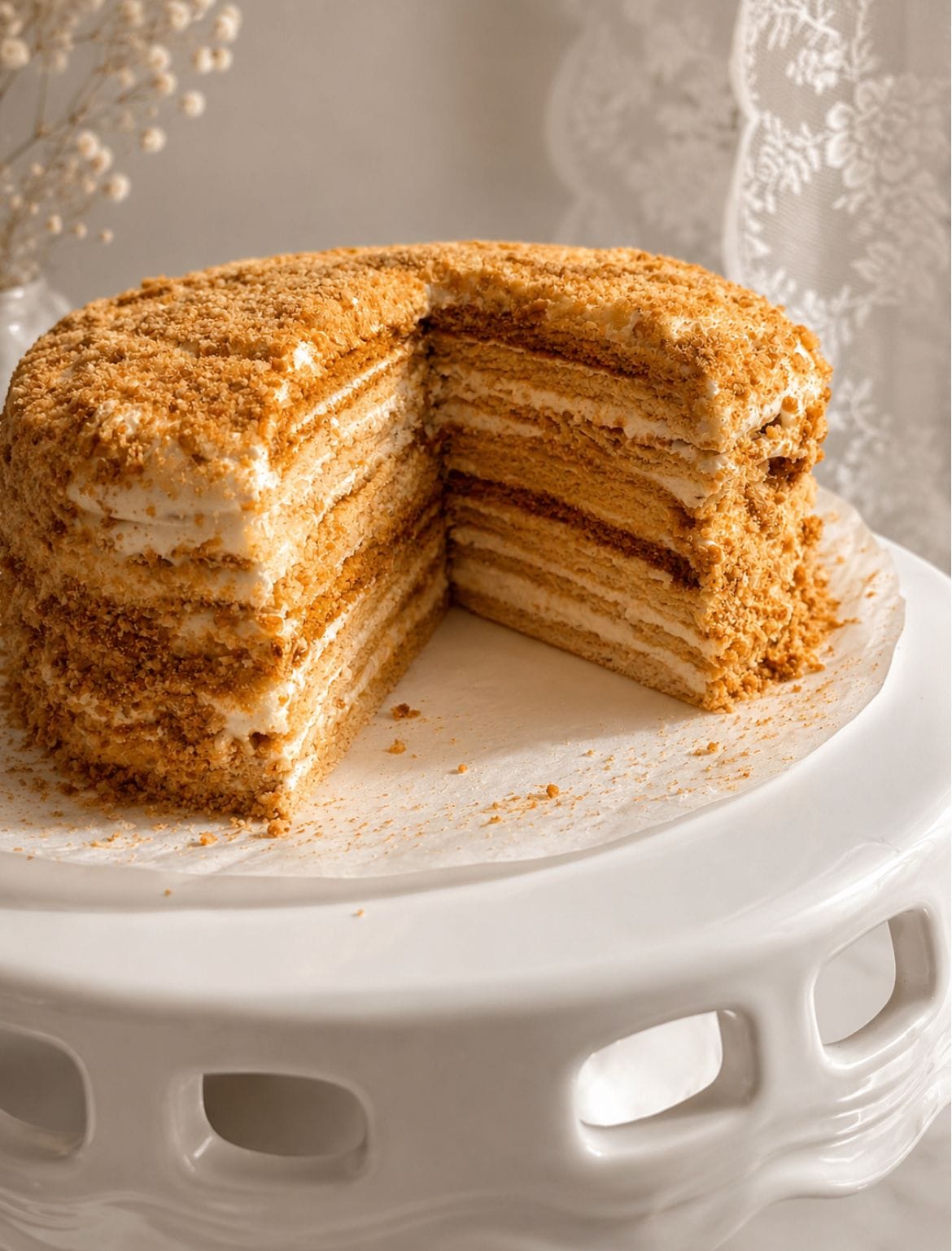 Slice of layered Medovik on a floral plate with the cake on a stand behind it