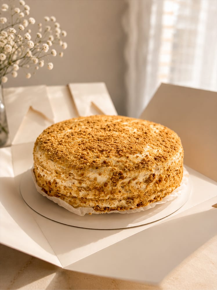 Whole Medovik honey cake on a plate with a slice pulled forward to show thin honey layers