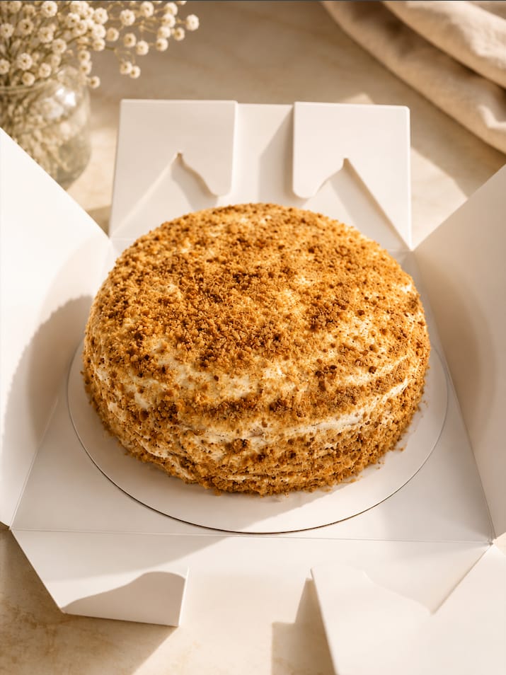 Slice of handmade Medovik honey cake on a plate