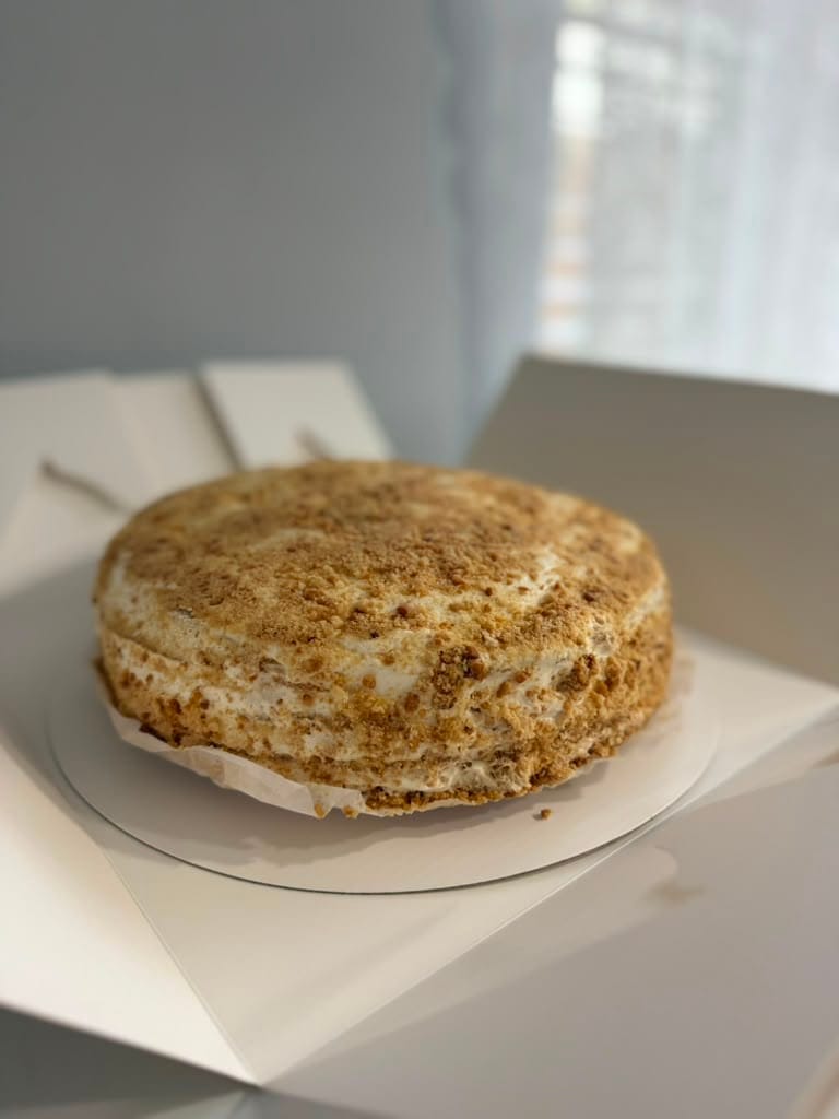 Close-up of Medovik crumb coating texture